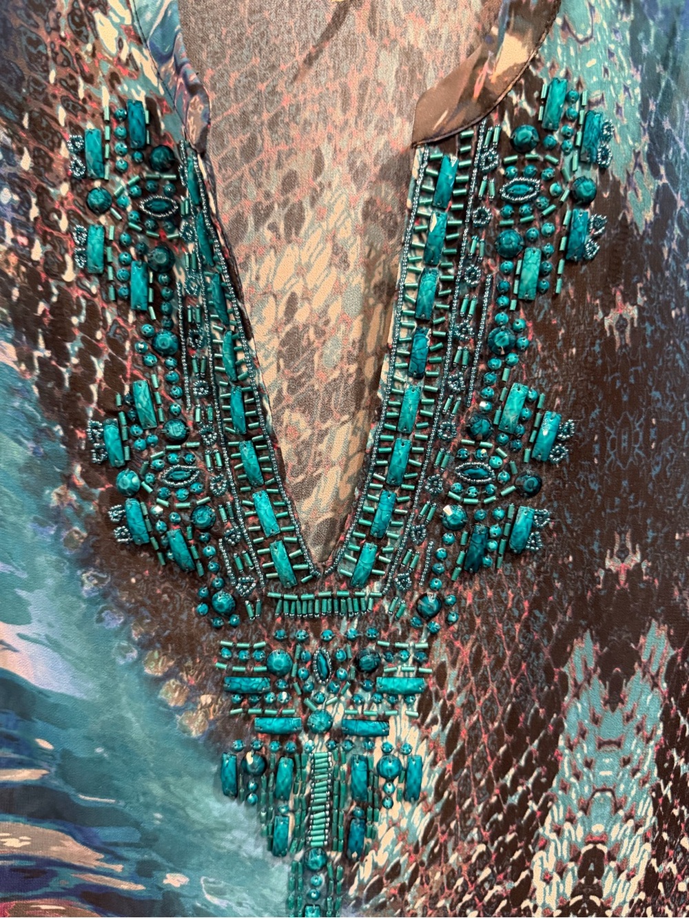 Worn Once - Like New 💯 Silk Hale Bob Turquoise Embellished V-Neck Tunic